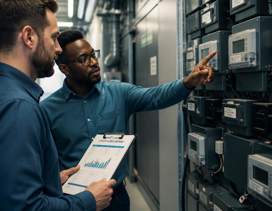 Auditors verifying readings at a commercial electricity meter panel