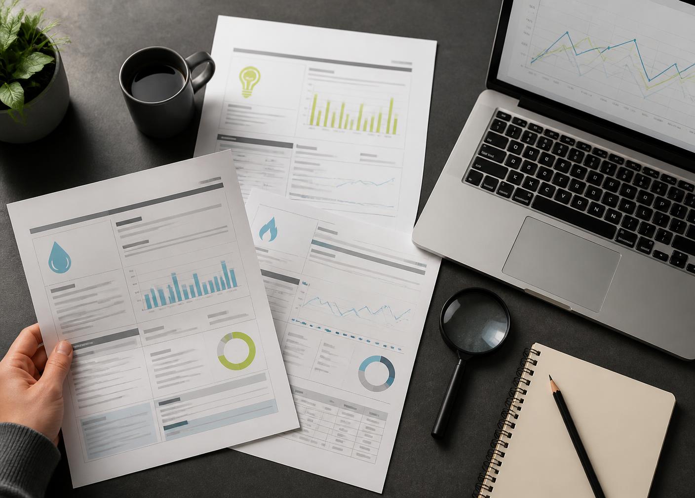 Utility billing statements being analysed alongside consumption charts