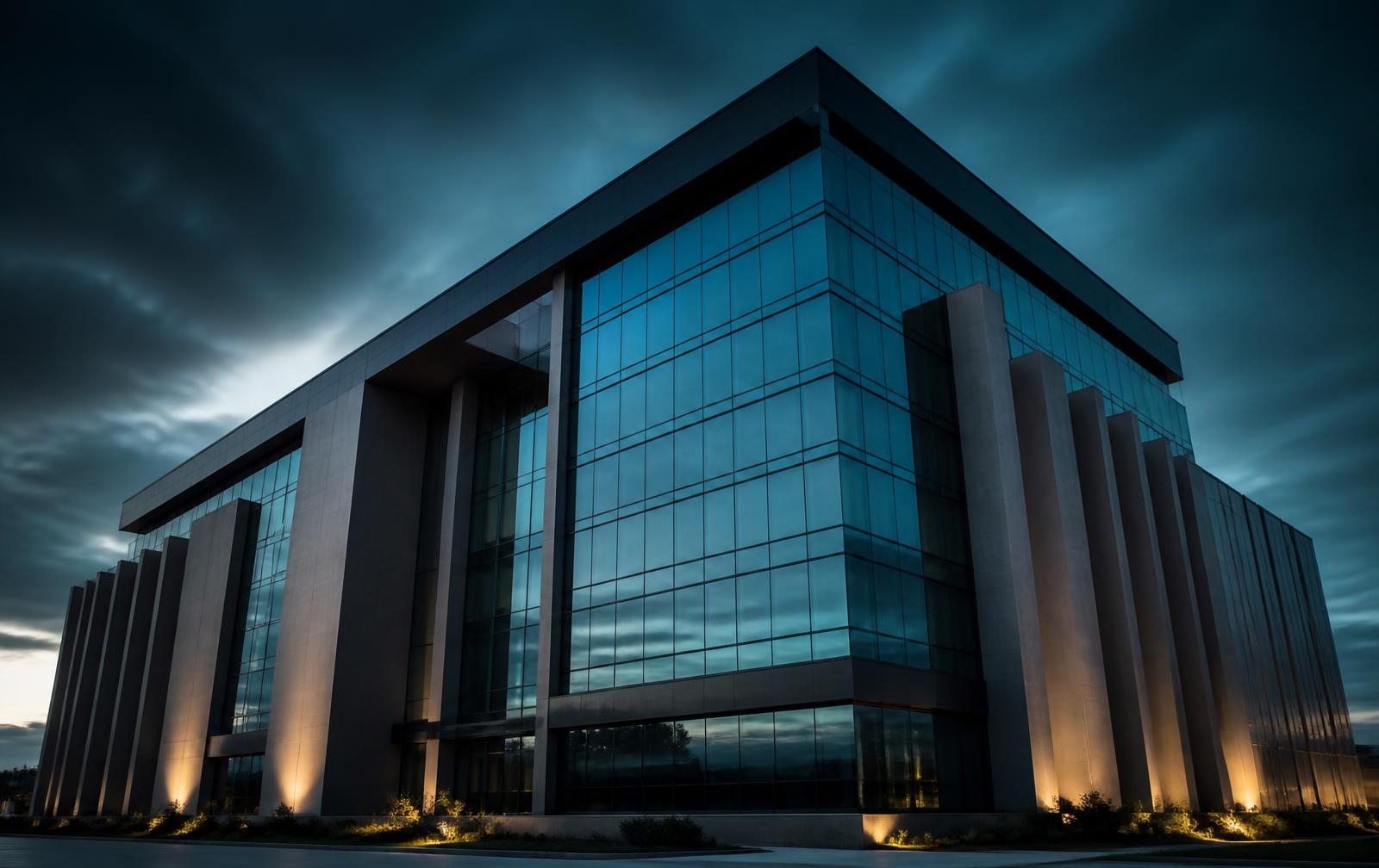 Modern commercial office building at dusk