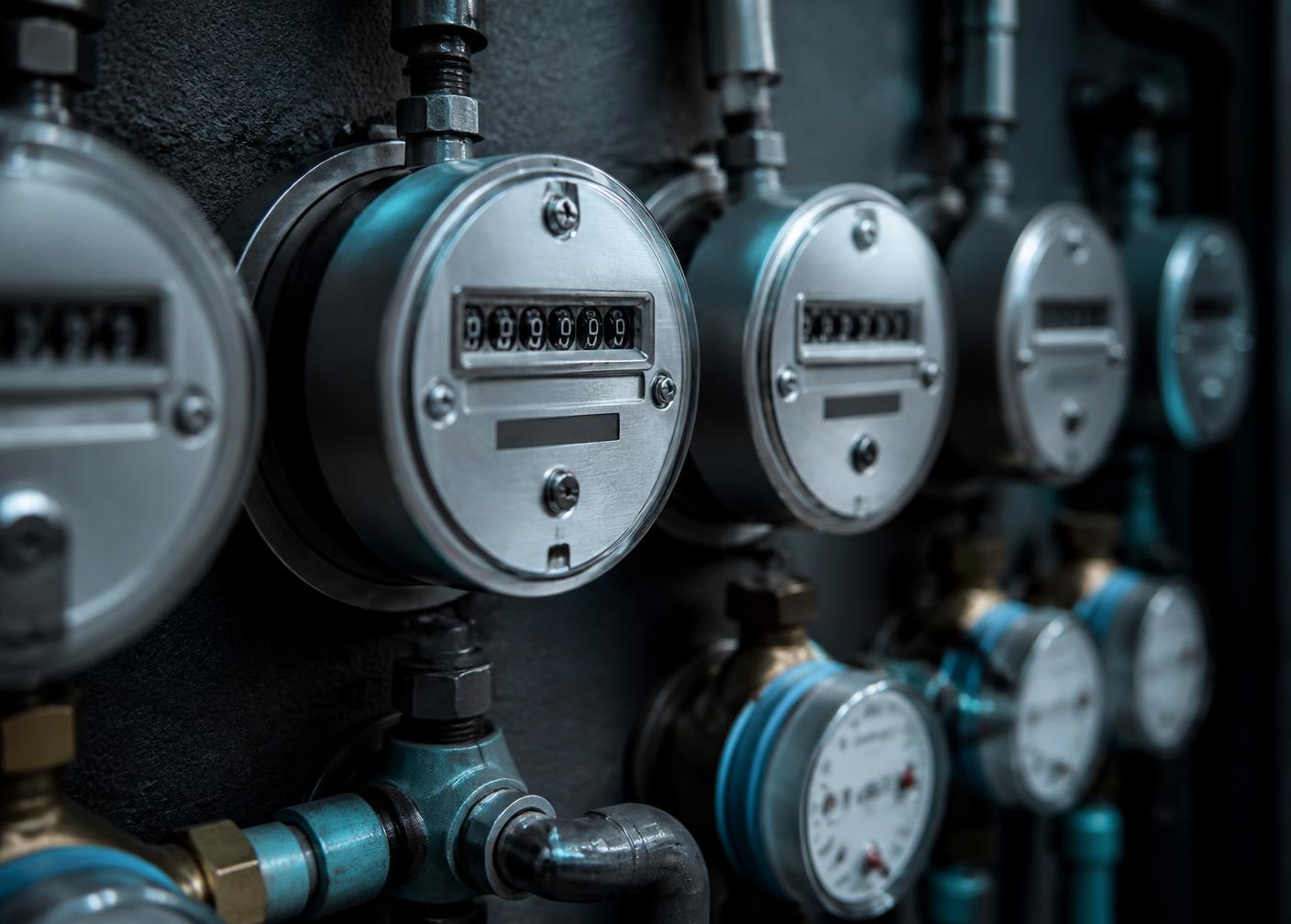 Bank of commercial electricity and water meters in a plant room